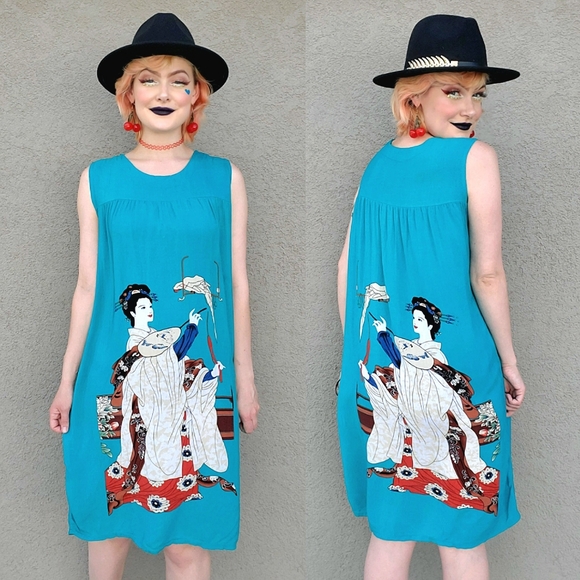 Dresses & Skirts - Novelty Japanese "Lady & Parrot" Vintage 90's Turquoise Summer Dress